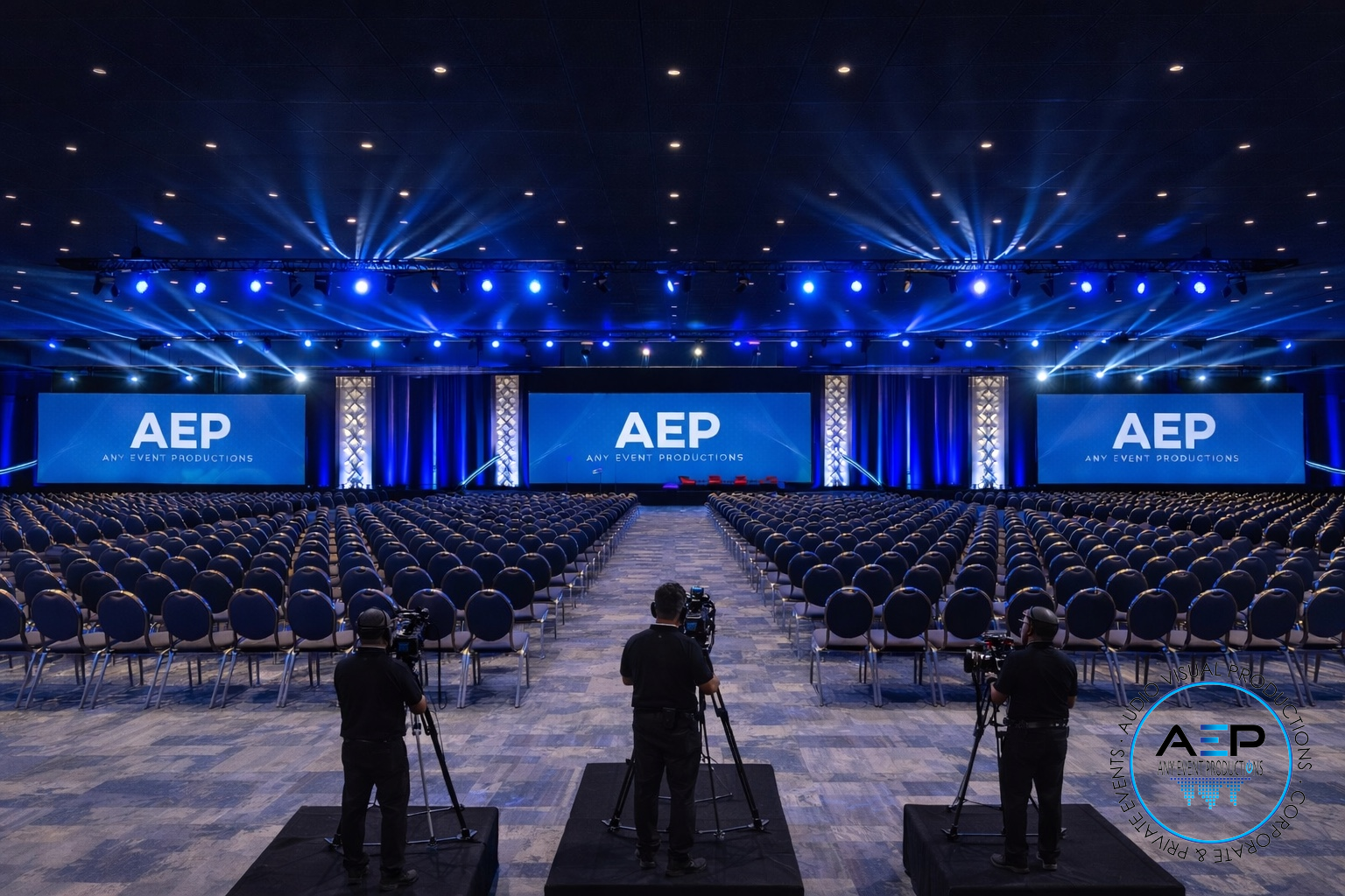 Three camera operators stand on platforms in a large, dark conference hall facing screens displaying 