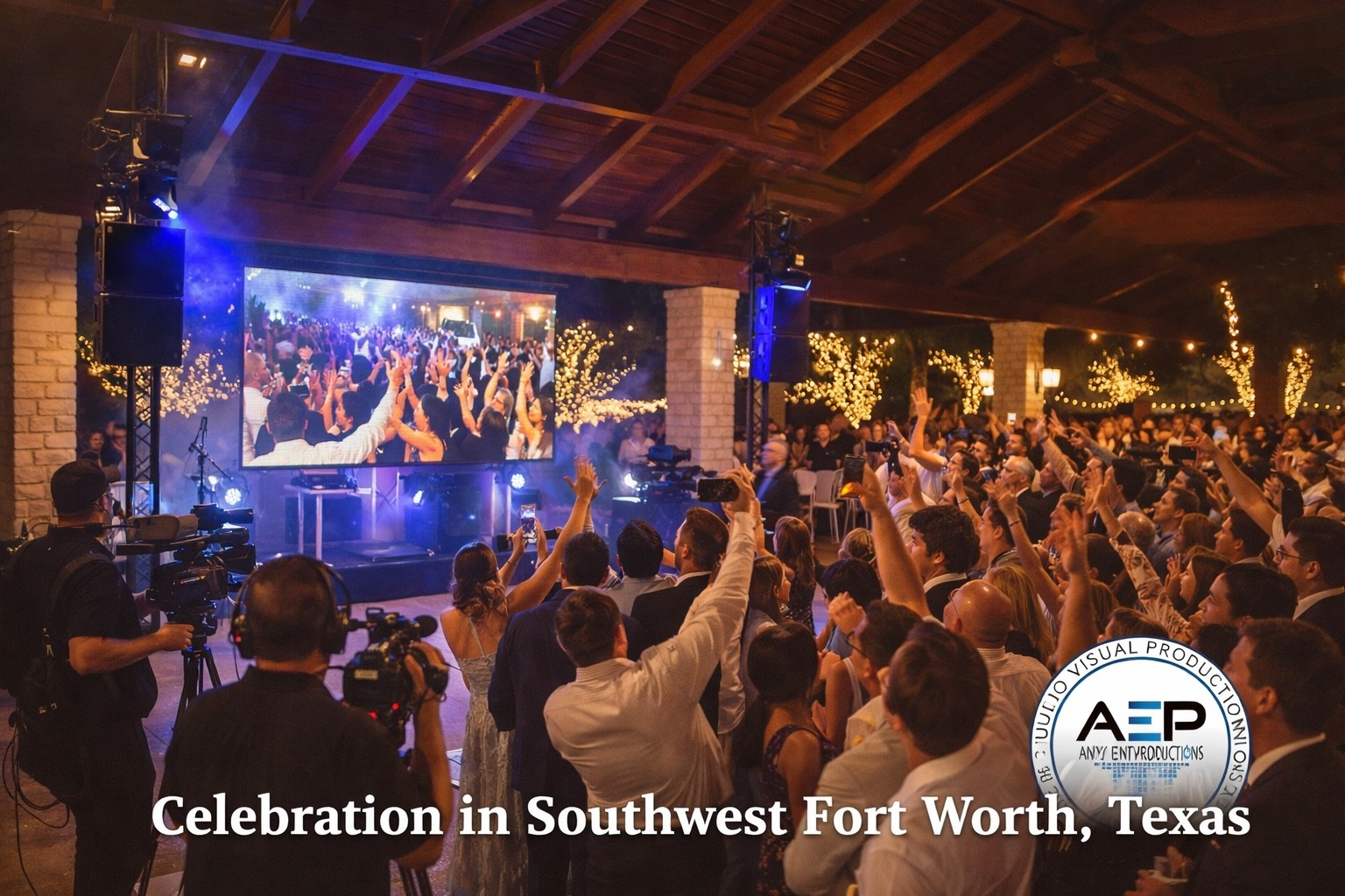 Large crowd celebrating at an outdoor event in Fort Worth, Texas, with a big screen and stage.