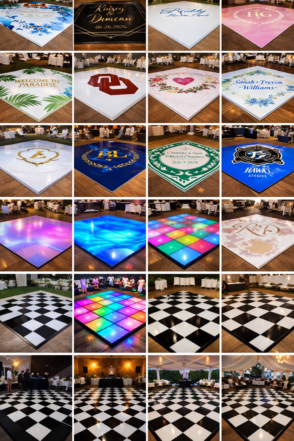 Dance floor options: custom designs, LED, and classic black and white checkerboard patterns.