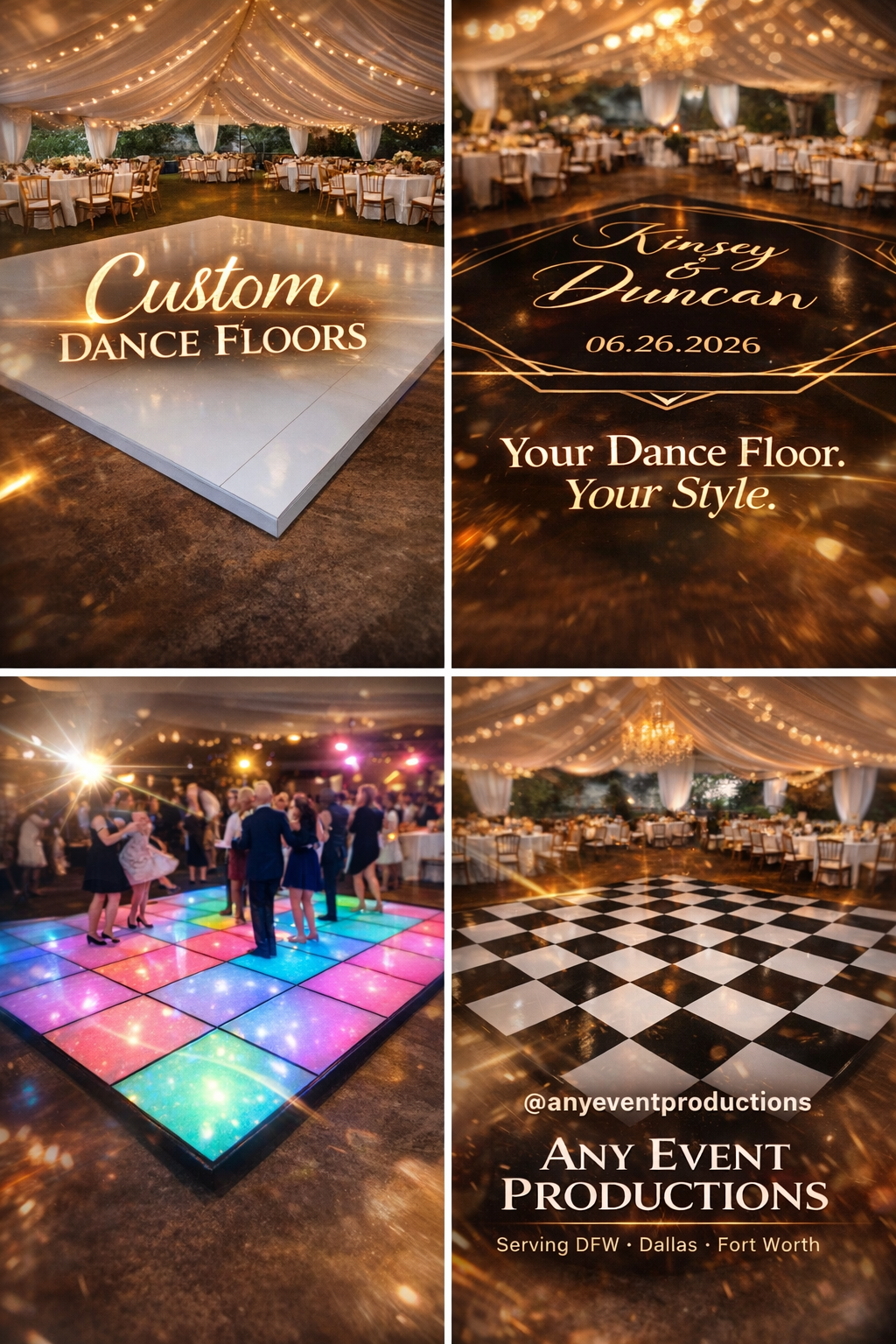 Collage: Custom dance floors in various settings, with logos and event details.