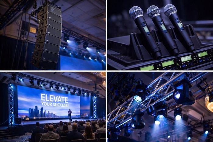 A collage showing event production equipment including speakers, microphones, stage lighting, and a conference presentation.