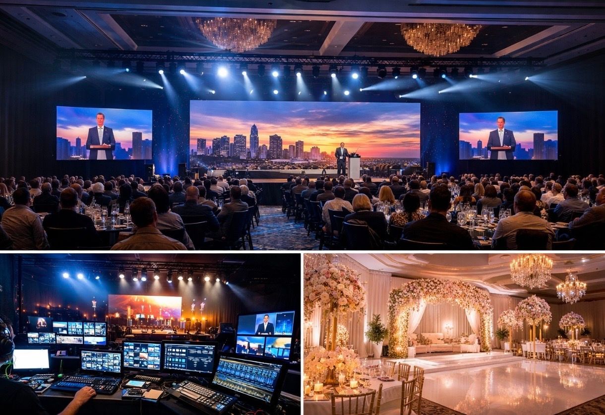 Conference with speaker on stage, audience seated. 