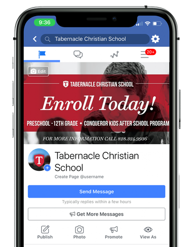 A cell phone displaying a facebook page for tabernacle christian school.