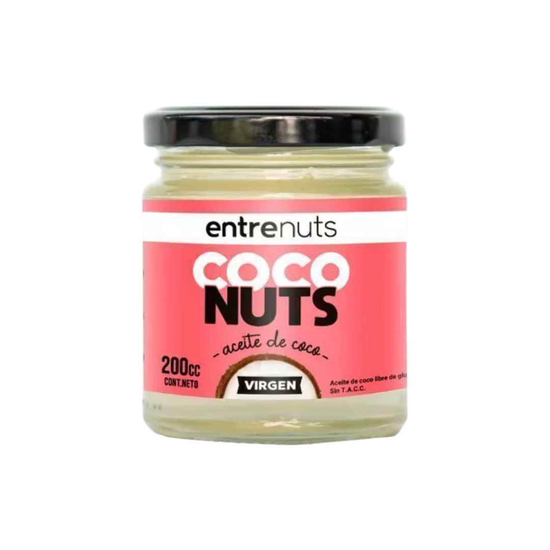 Un frasco de nueces de coco Entrenuts con una etiqueta rosa