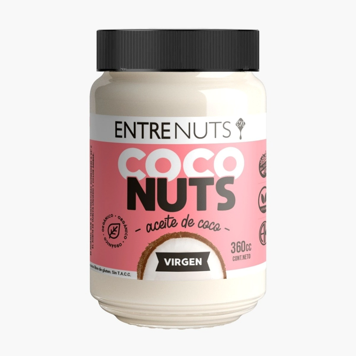 Un frasco de nueces de coco virgen Entrenuts