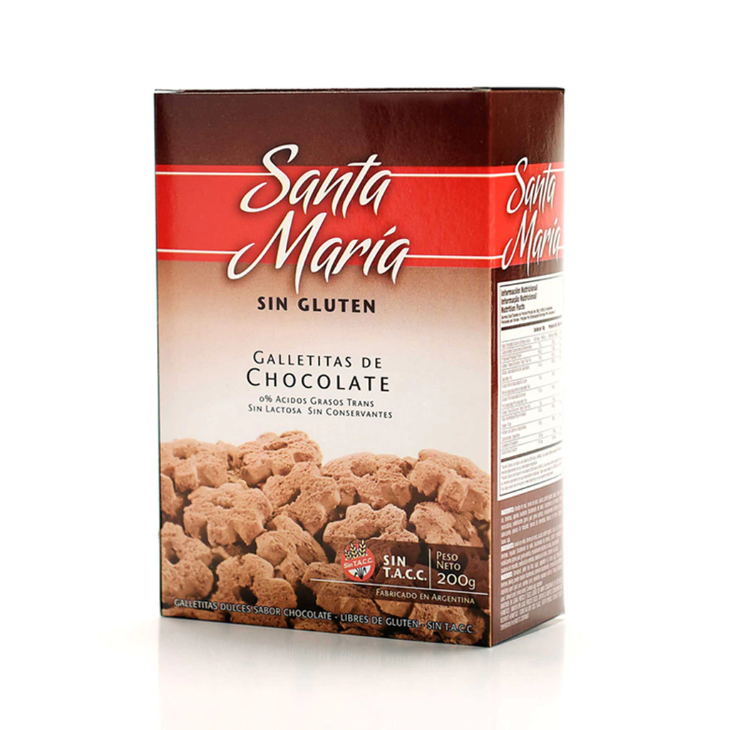 Una caja de cereal de chocolate Santa María sobre un fondo blanco.
