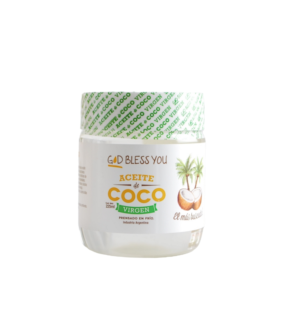 Un frasco de aceite de coco con un sello verde.
