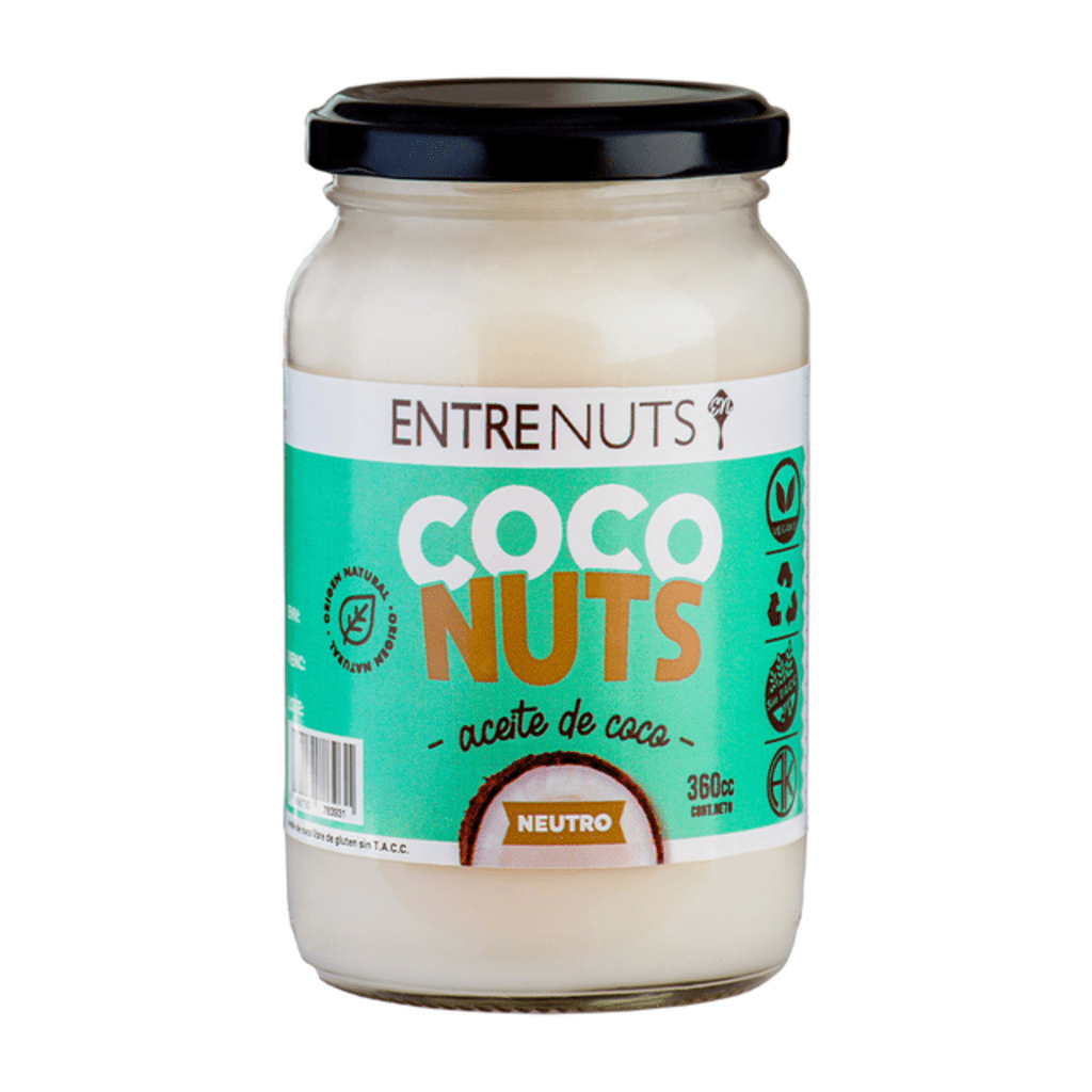 Un frasco de nueces de coco Entrenuts sobre un fondo blanco
