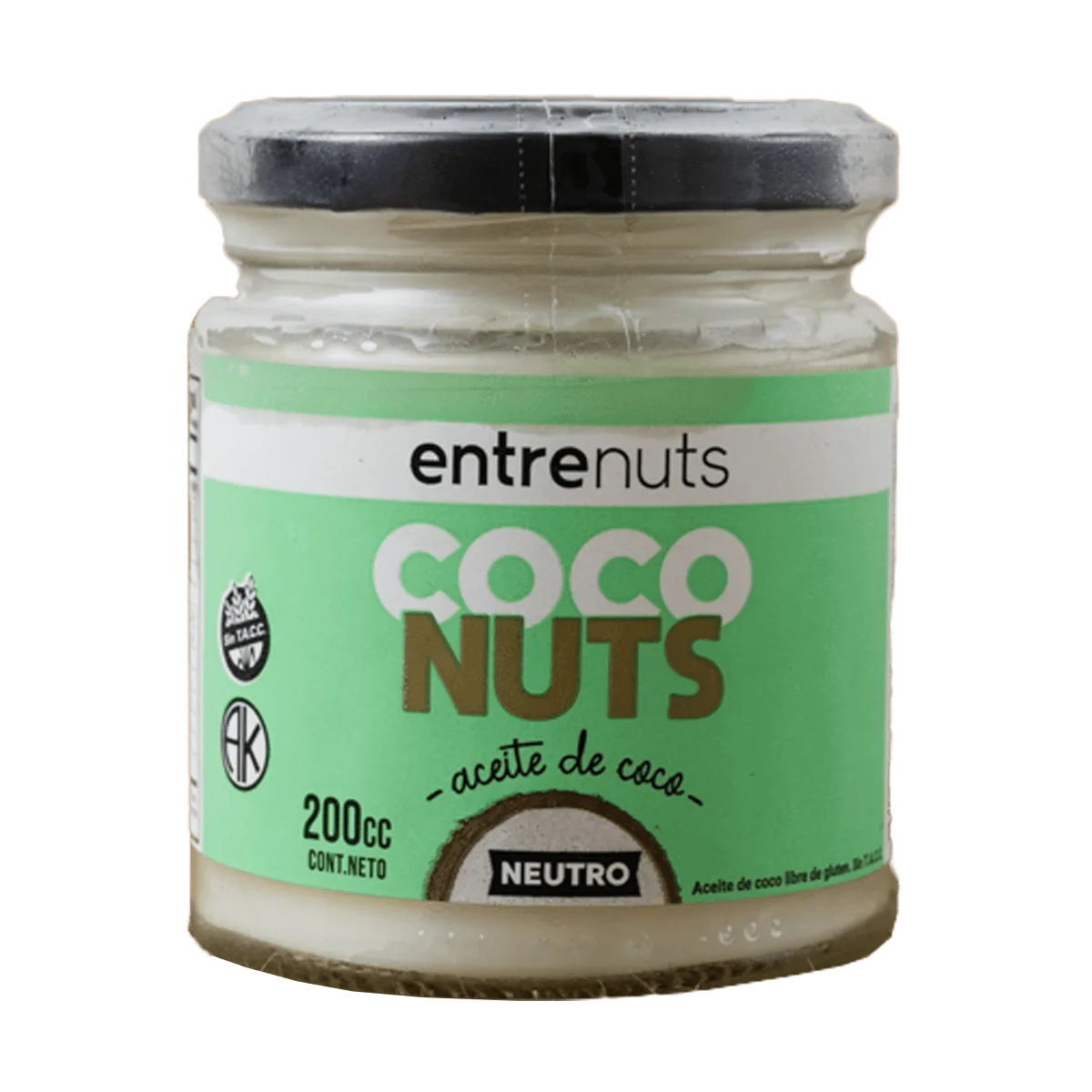 Un frasco de nueces de coco Entrenuts tiene una etiqueta verde