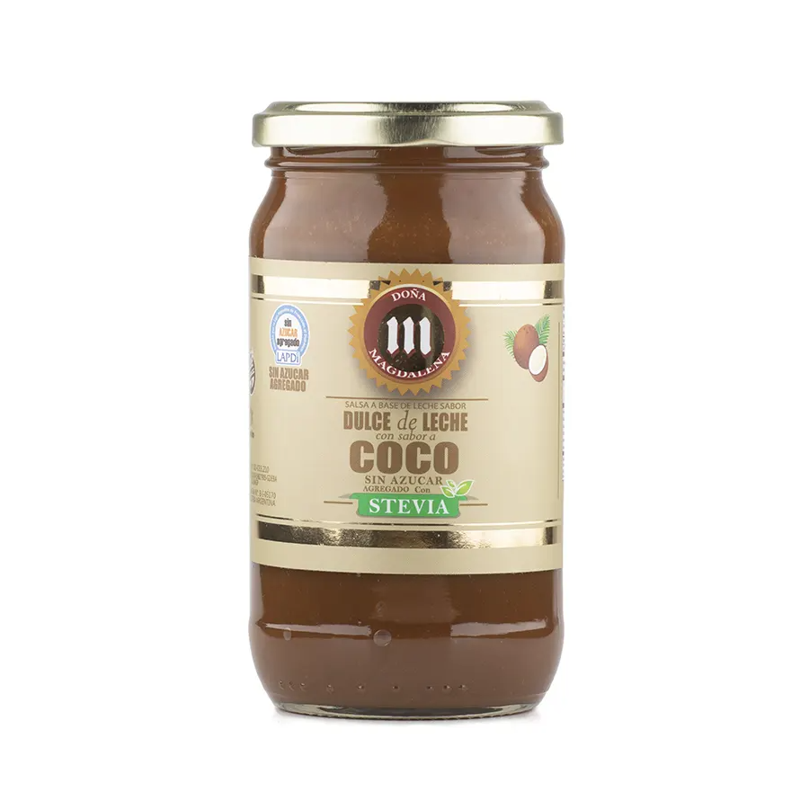 Un frasco de salsa de coco con stevia sobre un fondo blanco.