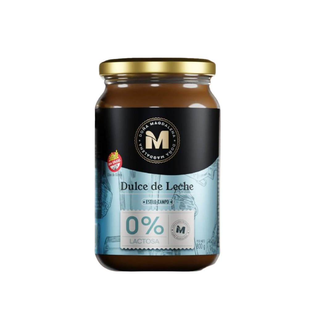 Un frasco de dulce de leche con 0 % lactosa sobre un fondo blanco.