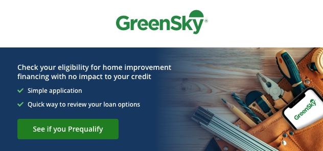 GreenSky ad for home improvement financing: a blue background with a checklist and a green 