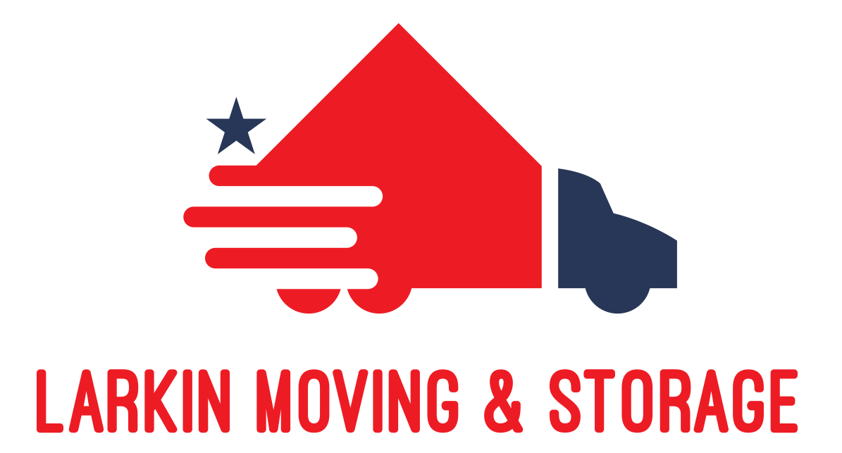 a red and blue logo for larkin moving and storage