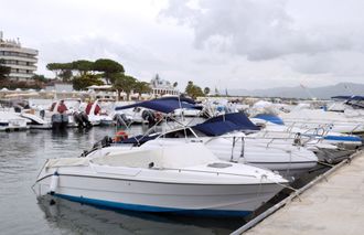a row of boats are docked in a marina with a hotel in the background