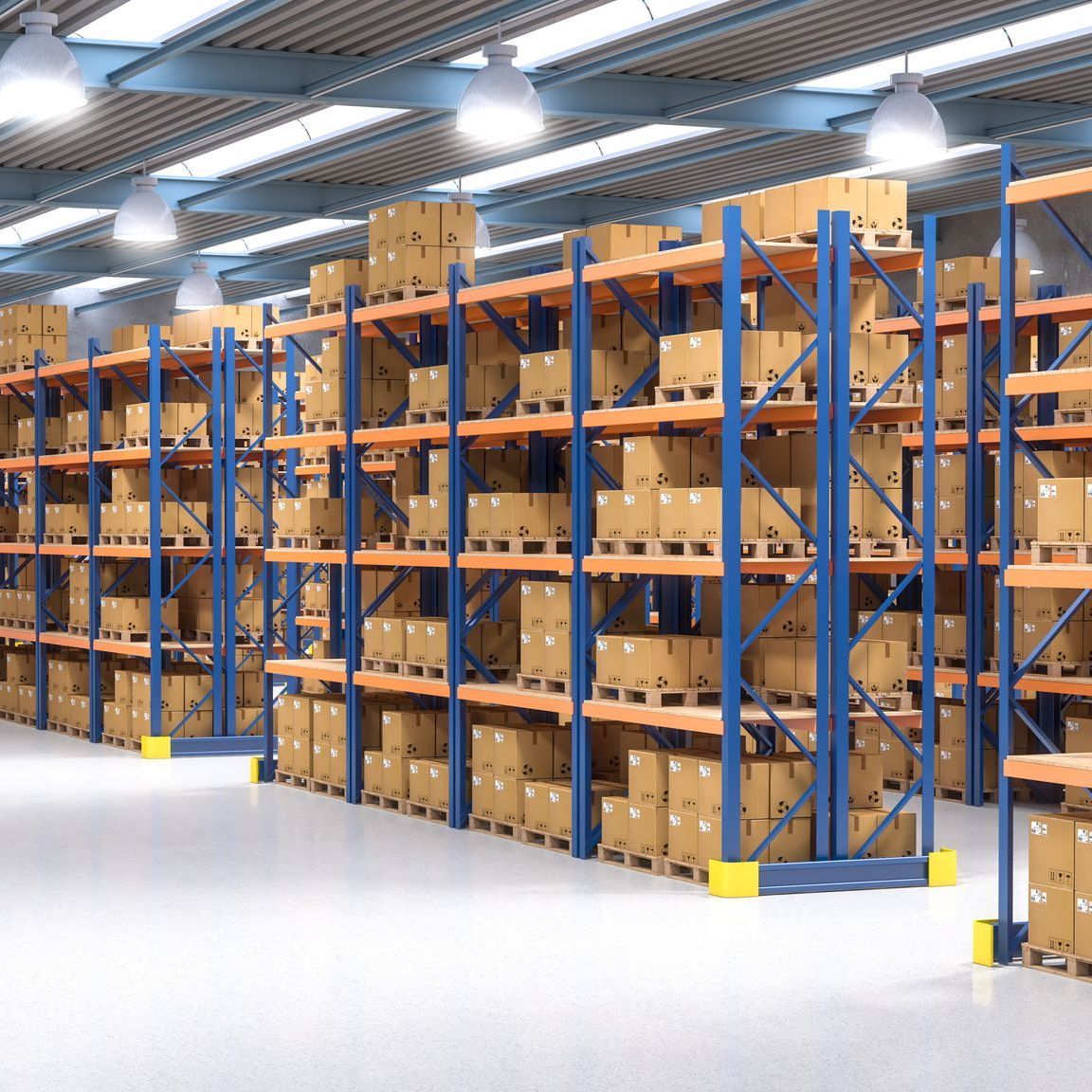 a large warehouse filled with lots of cardboard boxes and pallets