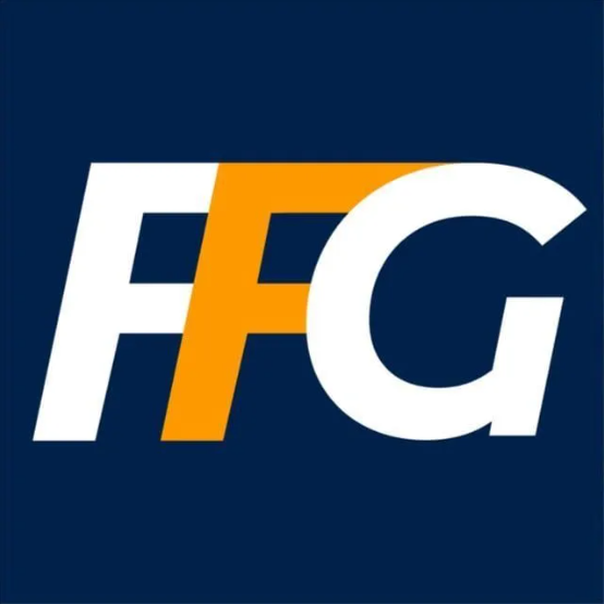 Um logotipo para fg é mostrado em um fundo azul