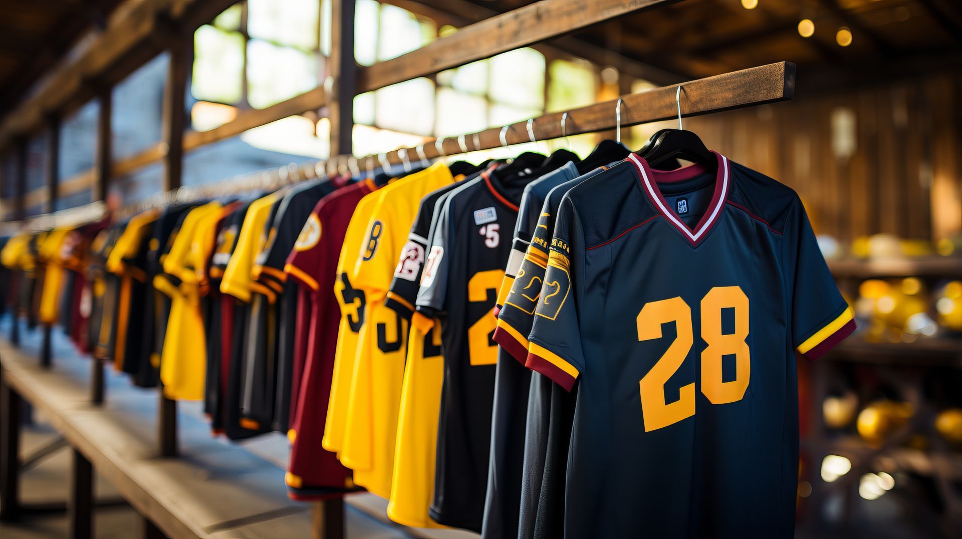 A bunch of jerseys are hanging on a rack.