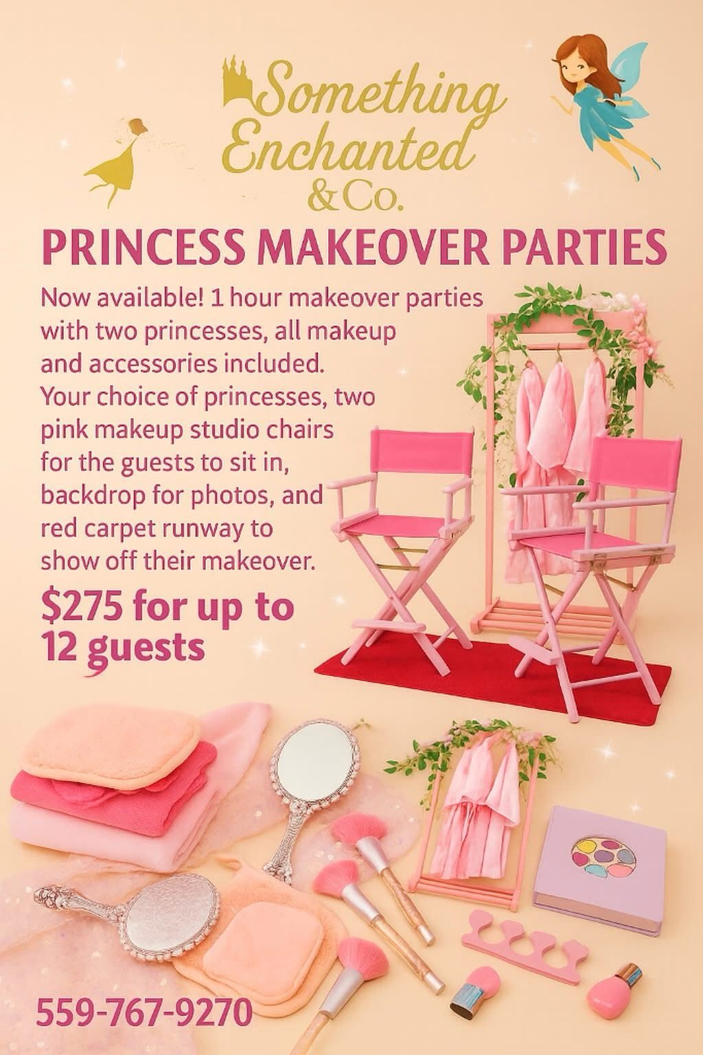 Advertisement for princess makeover parties: pink theme with makeup, chairs, and runway for guests.