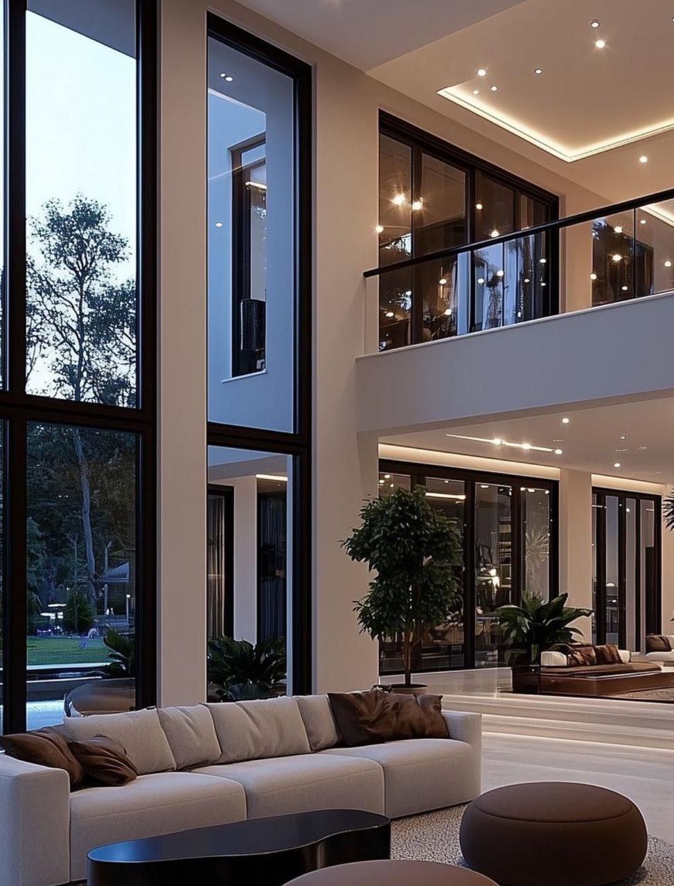 Amplia sala de estar moderna con ventanas de piso a techo, sofá de color claro y balcón.