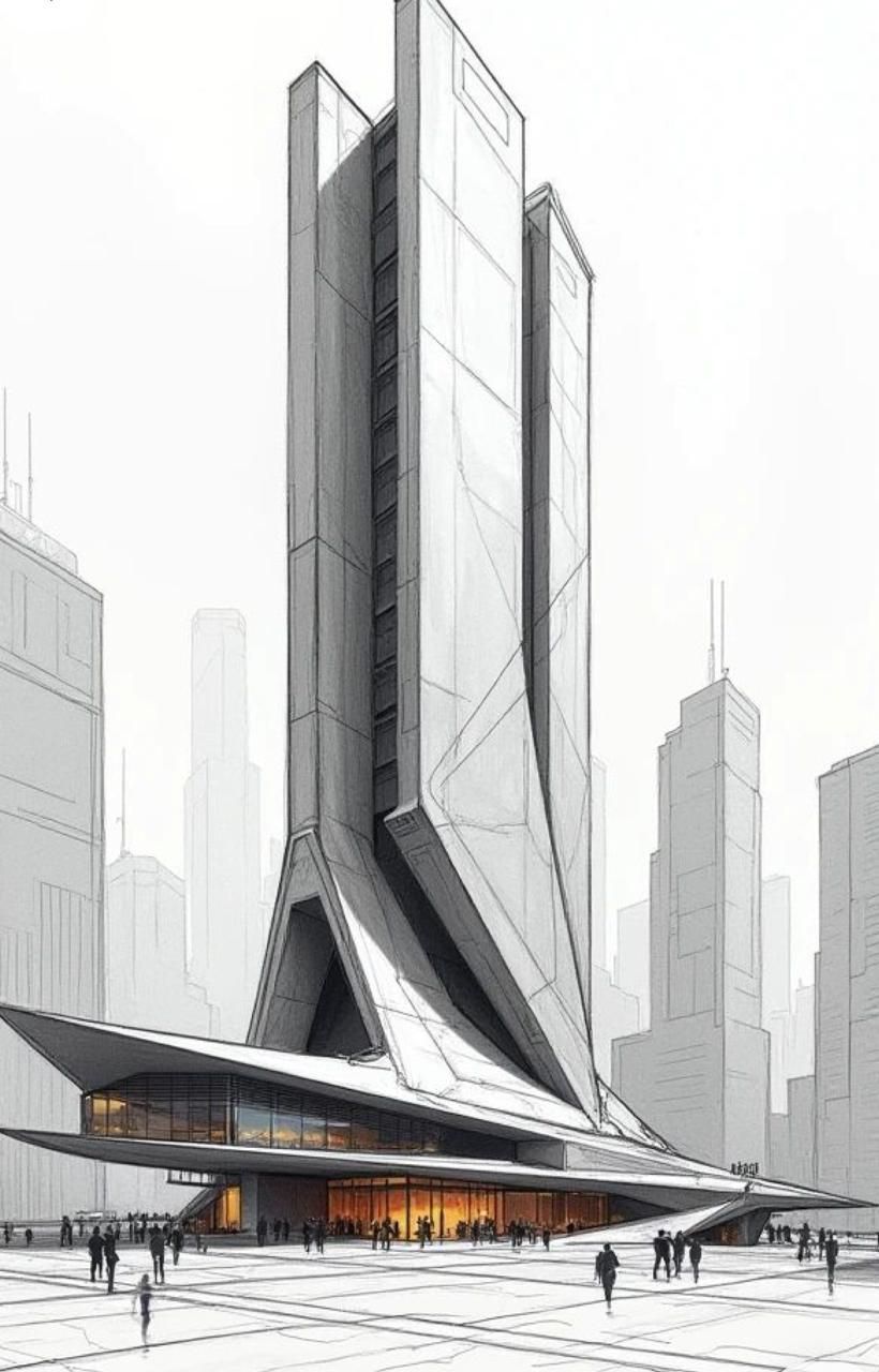 Edificio moderno de gran altura con una base angular única y una plataforma de observación en un paisaje urbano; gente caminando.