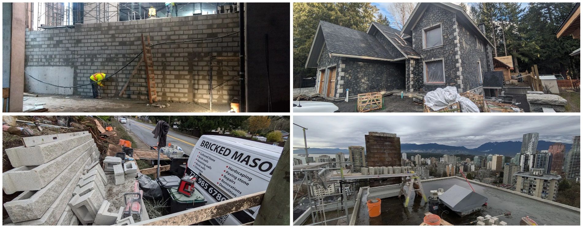four photos showing masonry work 