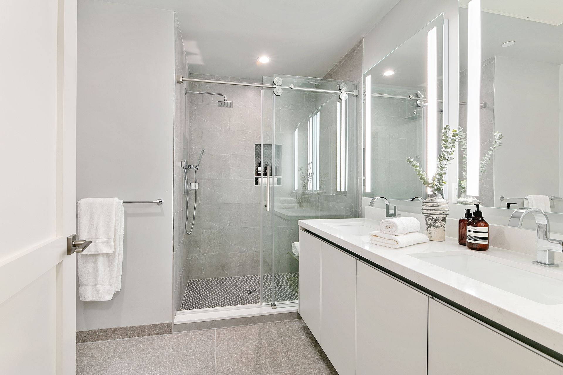 Photo of a bathroom with a walk-in shower