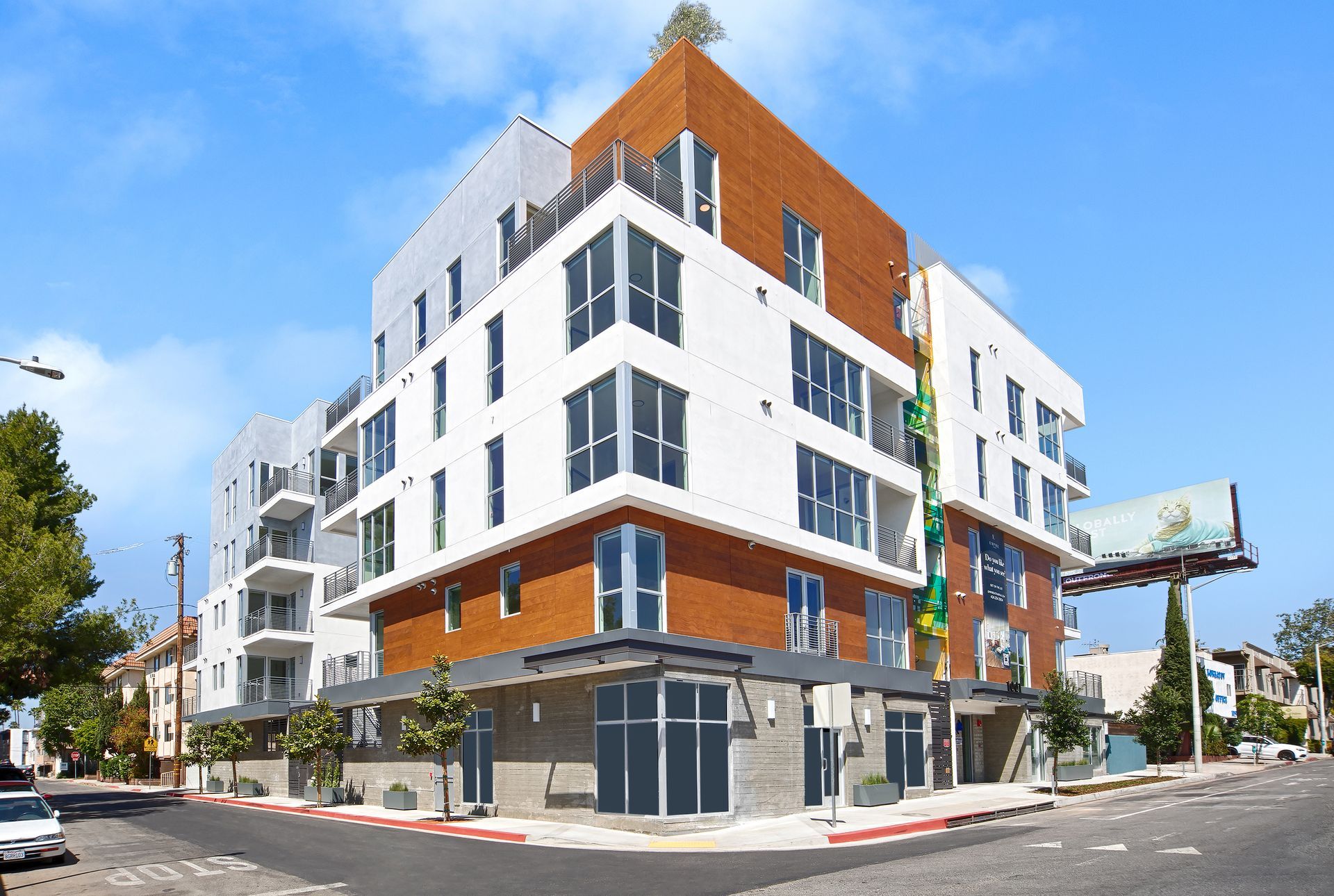 Photo of a building taken from the street, showing a 3/4 view