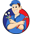 Smiling plumber holding a wrench and pipe wrench inside a red and blue circle logo