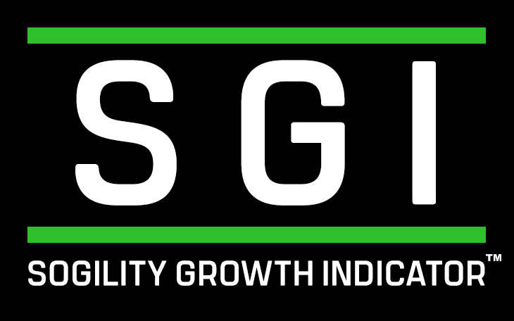 The logo for sgi sogility growth indicator is black and green.