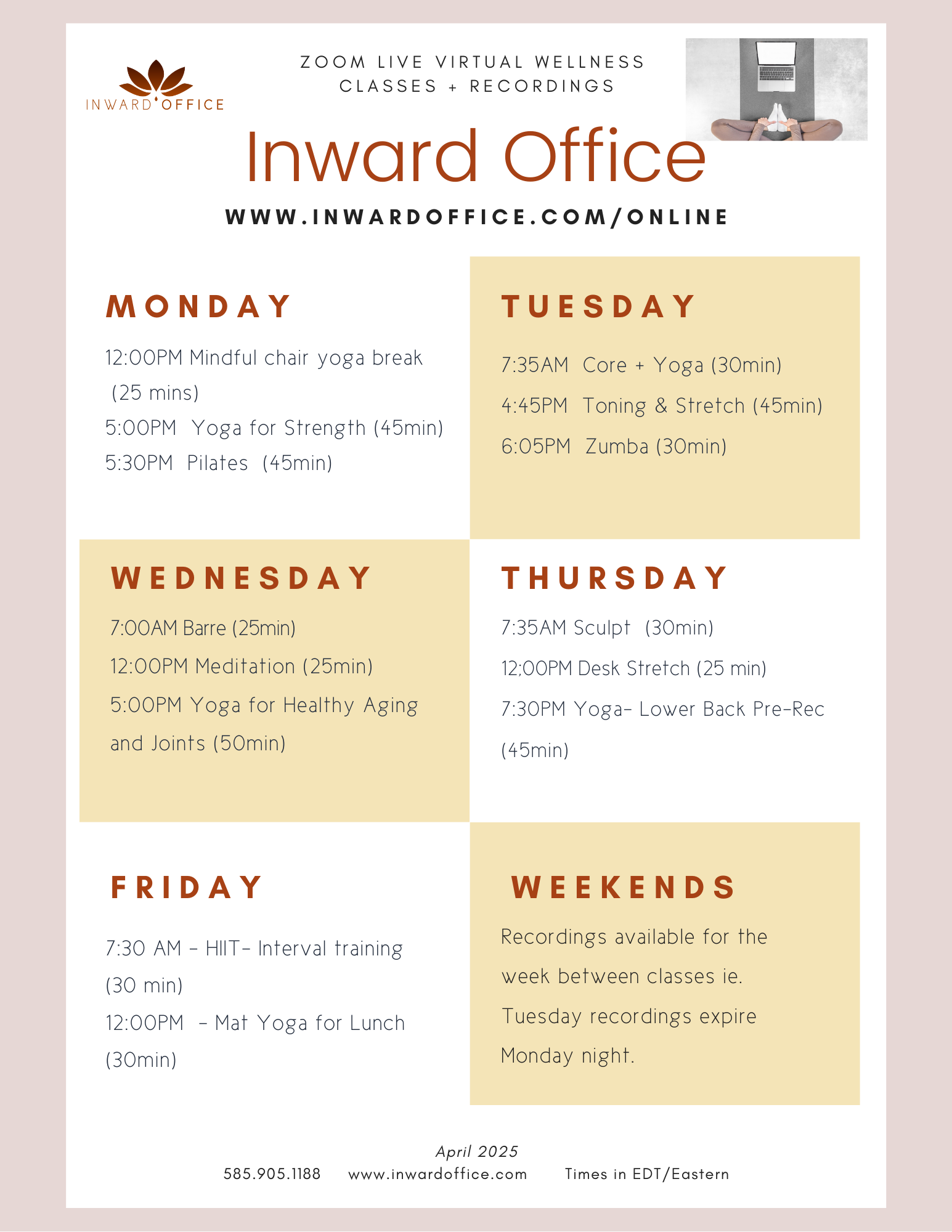 Weekly schedule for inward office training.