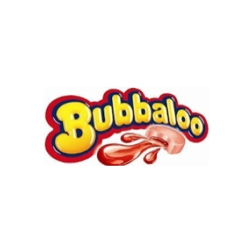 Um logotipo de bubbaloo com um toque de morango em um fundo branco