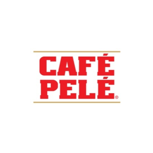 Um logotipo vermelho e dourado para café pele em um fundo branco