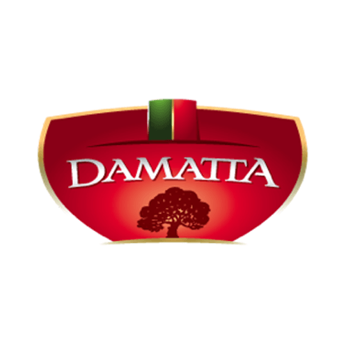 Um logotipo vermelho para damatta com uma árvore