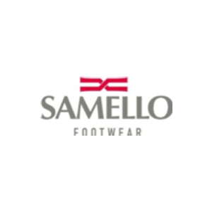 Um logotipo para calçados Samello é mostrado em um fundo branco