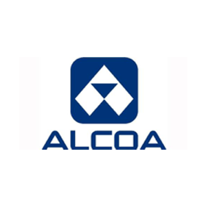 Um logotipo da alcoa azul e branco sobre fundo branco