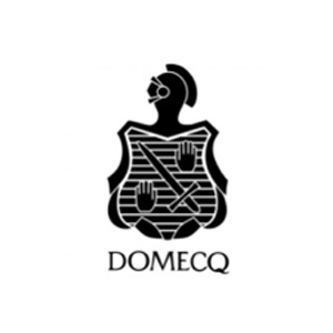 Um logotipo preto e branco para domecq com capacete e escudo