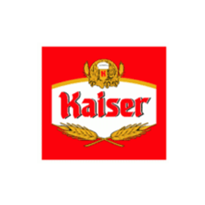 Um logotipo Kaiser vermelho e branco sobre um fundo branco