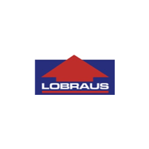 Um logotipo lobraus com uma seta vermelha apontando para cima