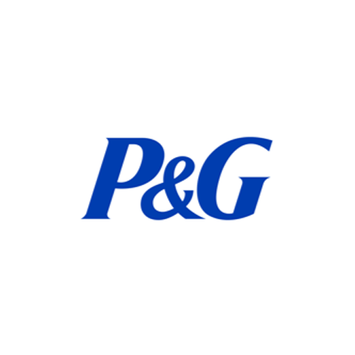 O logotipo da p&g é azul e branco sobre fundo branco.