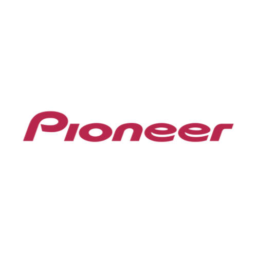 O logotipo da Pioneer é vermelho sobre fundo branco.