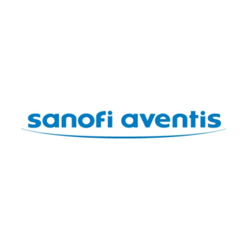 O logotipo da sanofi aventis é azul e branco sobre fundo branco.