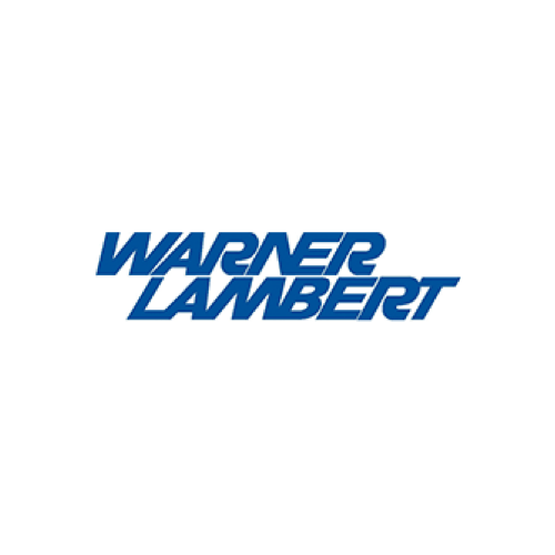O logotipo da Warner Lambert é azul sobre fundo branco.