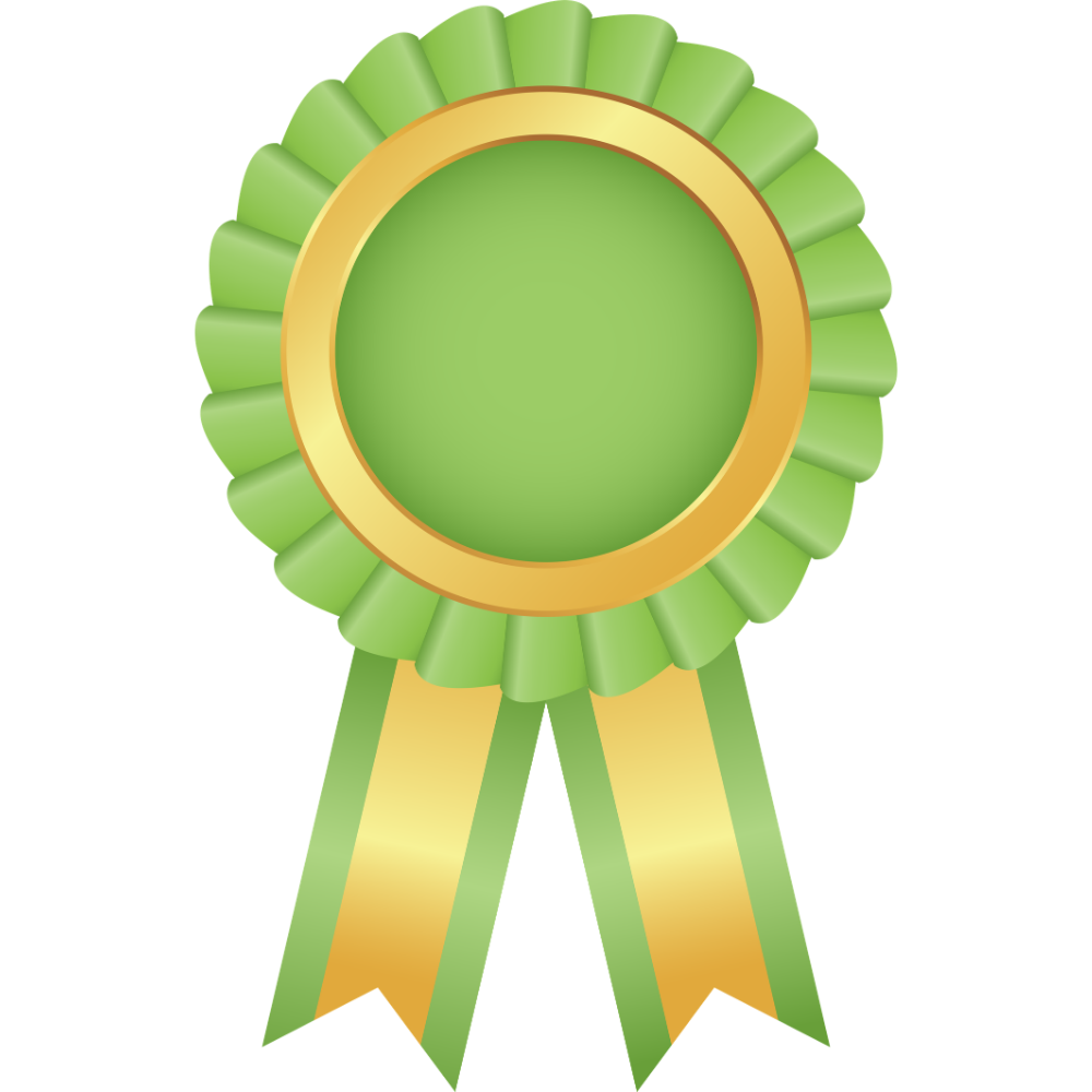 Green and gold award ribbon rosette with two hanging streamers