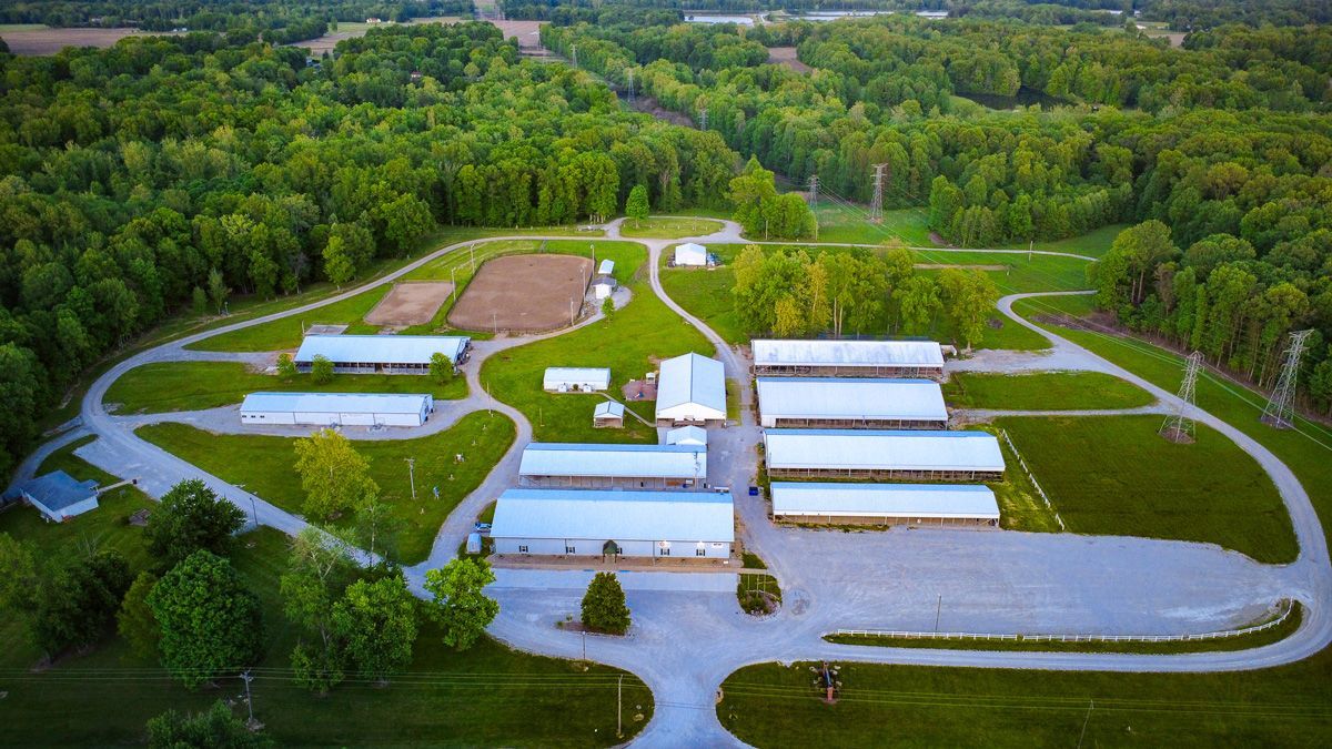 Aerial view of a farm with white greenhouse buildings and fields surrounded by dense green forest.