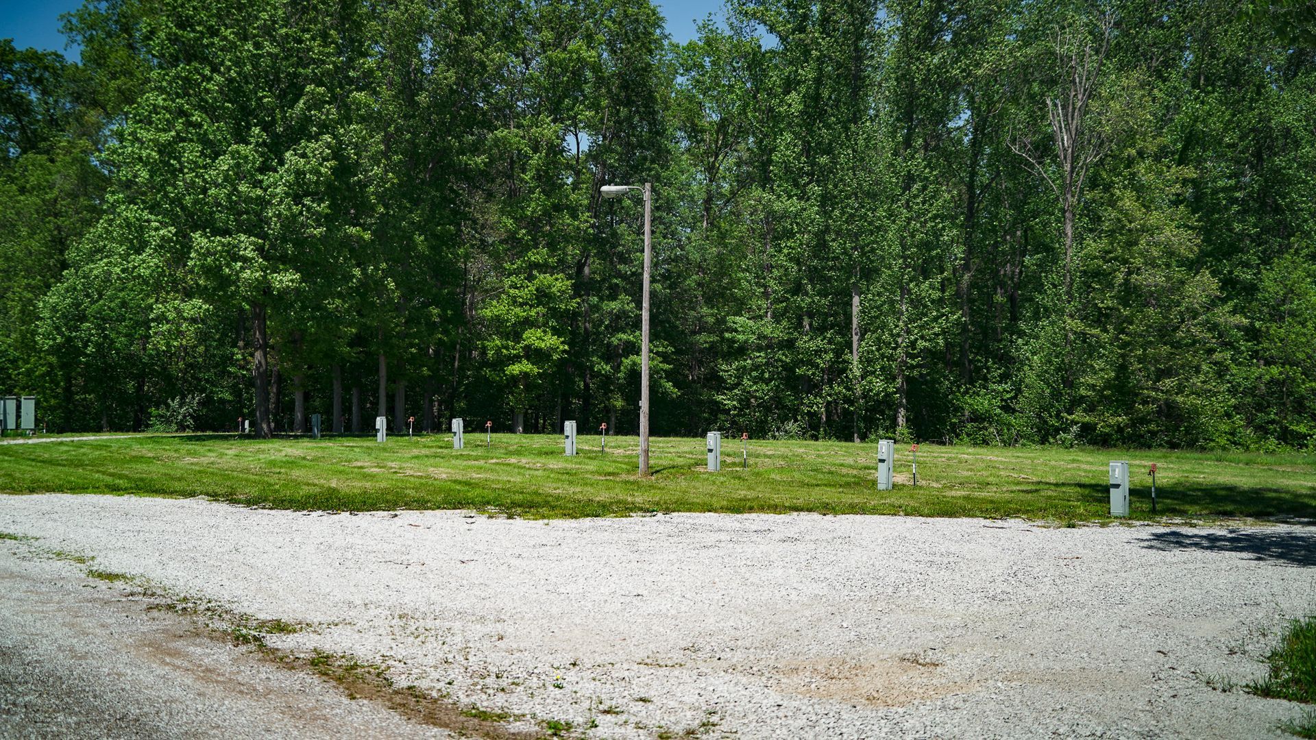 Gravel roadside beside green trees and grass with a single streetlamp