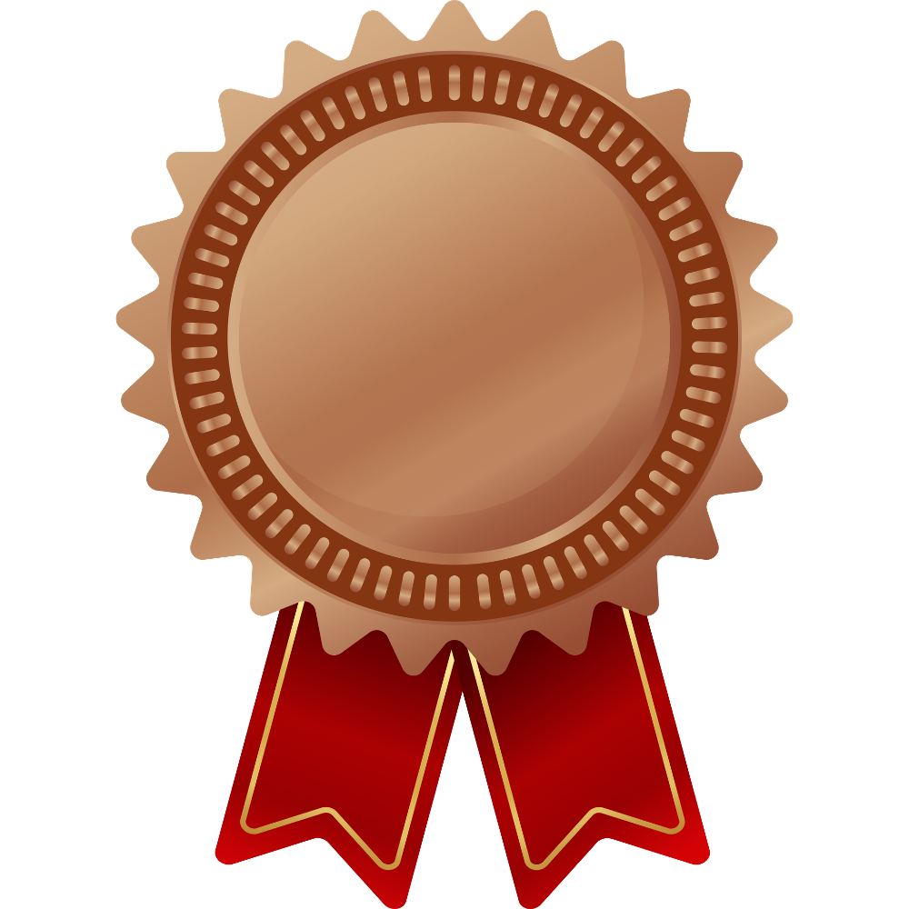 Bronze award medal with red ribbons and scalloped edge