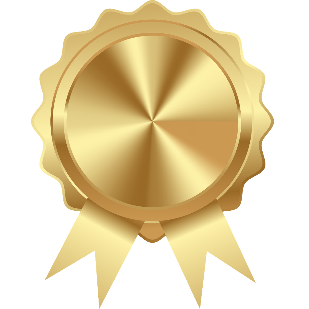 Gold award medal with ribbon tails and scalloped edge