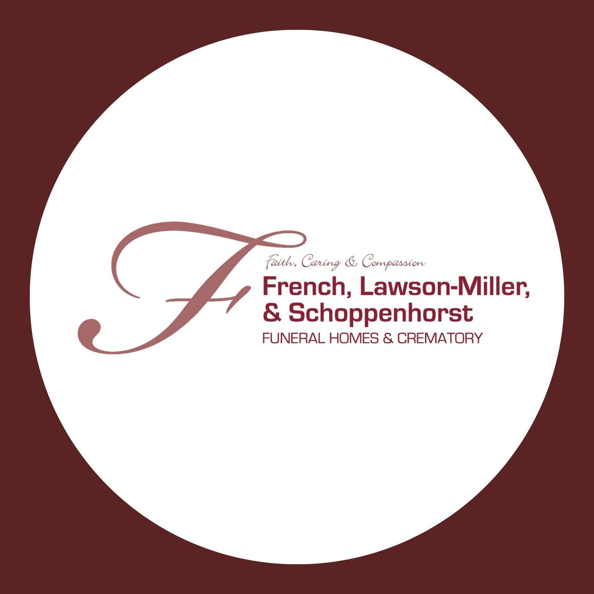 French, Lawson-Miller & Schoppenhorst funeral home logo in maroon on white background