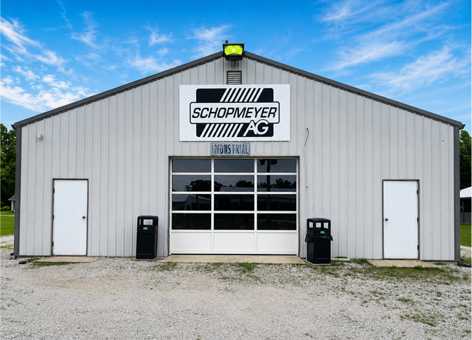 Front view of a gray SCHMIDMEYER AG building with garage door, white doors, and gravel lot.