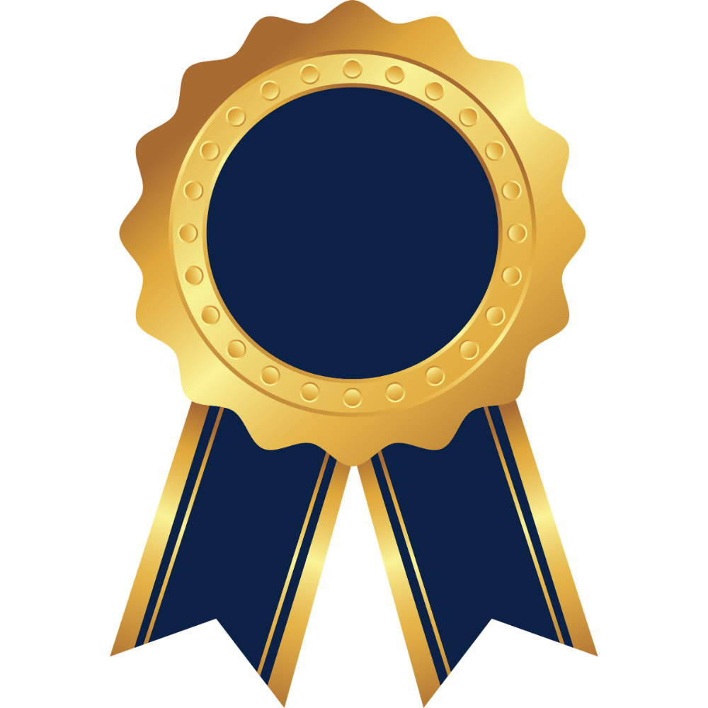 Gold award ribbon with navy blue center and two navy-and-gold streamers